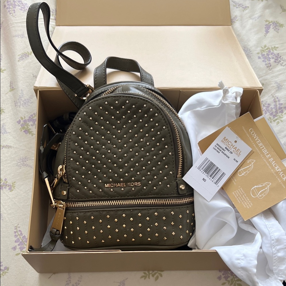 Michael Kors Olive Green Backpack with Gold Accents